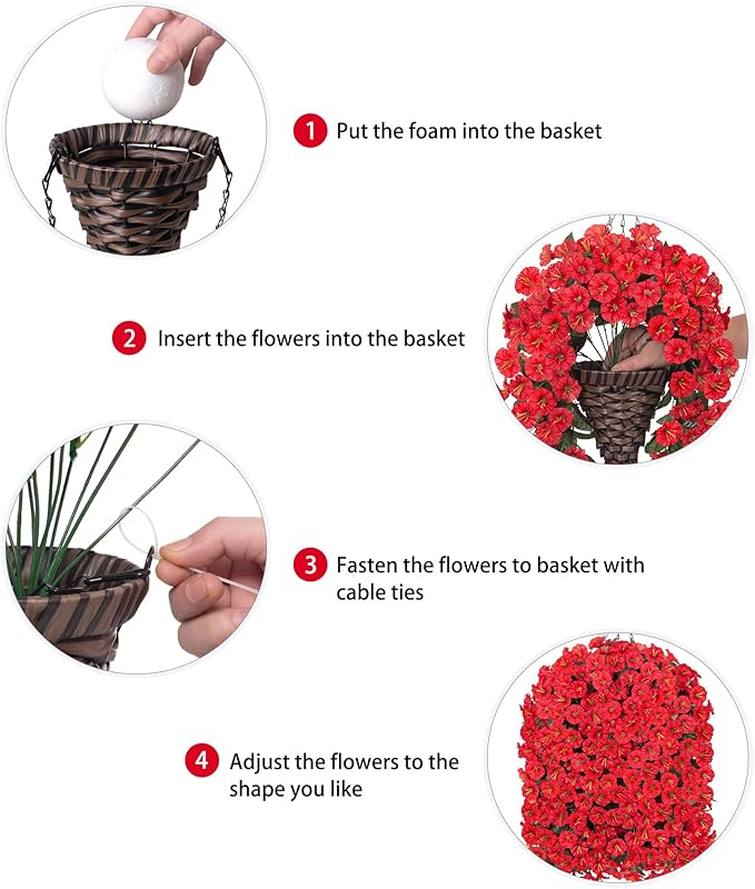 HyeFlora Artificial Fake Red Hanging Flowers Plants Baskets for Outdoor Winter Christmas, Faux Silk UV Resistant Look Real Morning Glory Vines for Outside Porch Patio Balcony Garden Yard Home Decor