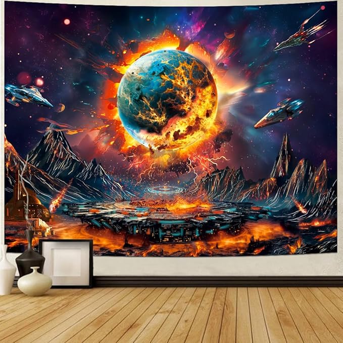 Generleo Planet Galaxy Space Tapestry Psychedelic Universe Nebula Tapestries Mysterious Mountain UFO Wall Decor Starry Sky Tapestry Wall Hanging for Bedroom