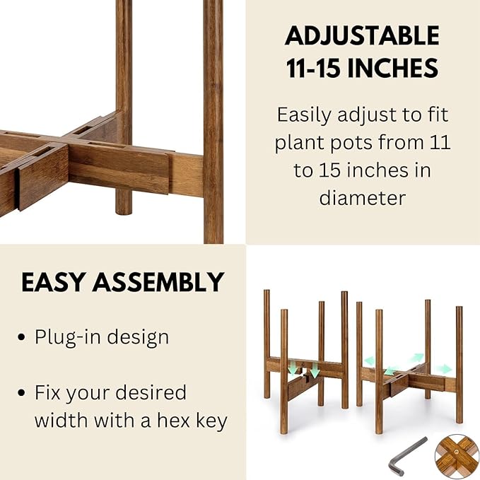 Fox & Fern Large Adjustable Plant Stand Indoor — 11 to 15 Inch Mid Century Bamboo Plant Stand - Plug In Design - Easy to Assemble - Two Heights - For 11, 12, 13, 14 & 15 Inch Pots (Not Included)
