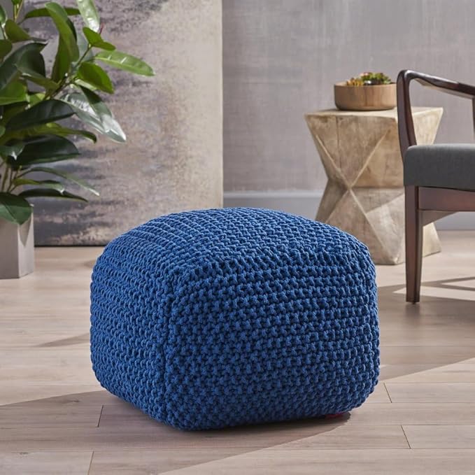 Handcrafted Knitted Cotton Round Pouf - 20x20, Modern Design, Soft and Comfortable, No Assembly, Home Decor, Knit Ottoman, Boho Floor Pouf for Living (Navy)
