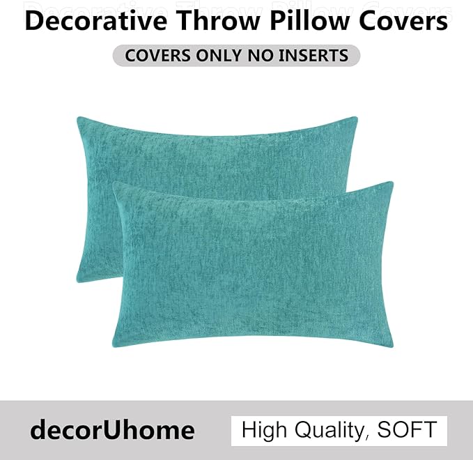 decorUhome Chenille Turquoise Spring Throw Pillow Covers 12x20 Inch Set of 2, Decorative Soft Couch Pillow Covers Solid Dyed Accent Farmhouse Neutral Rectangle Pillow Cases for Sofa