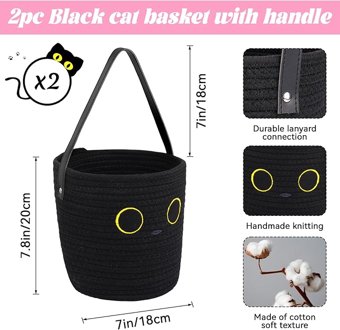 2 Pack Wall Hanging Rope Basket, Small Black Woven Hanging Basket Leather Handle, Black Cat Cotton Rope Wall Storage Basket for Plants Toys, Foldable Round Boho Decor (7.8x7inch)