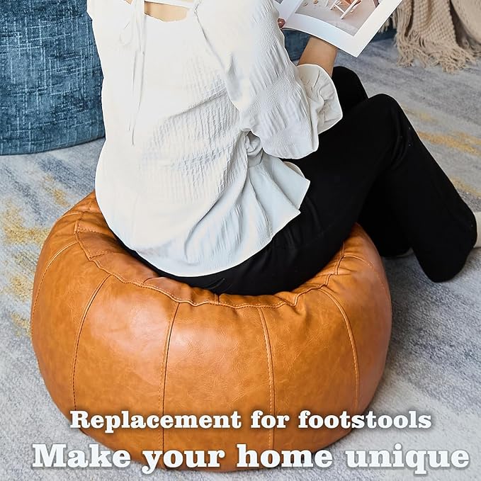 Louis Donné Unstuffed Pouf Ottoman Foot Rest DIY no Filler Cover Only Storage Waterprof Faux Leather Small Bean Bag Cover Reading Relax Floor Chair Waterproof Pet Friendly Easy Clean (Orange)