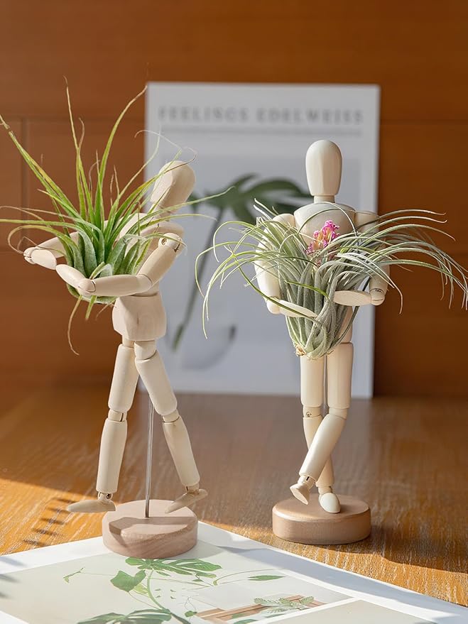 ANPHSIN 4 Pcs 8.6'' Wooden Air Plant Holder - Unique Jointed Mannequin Airplant Stand with Adjustable Poses, Tillandsia Display Container for Home Office Decoration Housewarming Gift