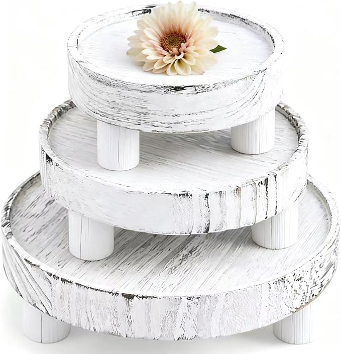 3PCS Wooden Display Stand， Rustic Whitewashed Wood Risers for Home Decor - Decorative Stackable Shelf for Plants, Candles, Books - Farmhouse Pedestal Stand (6” 8” 10”) (White coloe)