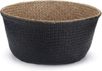 Seagrass Plant Basket with Handles Natural Woven Storage Baskets (Black 9 inch D x 11 inch H)