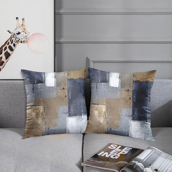 Britimes Throw Pillow Covers Modern Home Art Decor, 18 x 18 Inches Set of 2 Pillow Cases Decorative, Abstract Oil Painting Pillowcases for Bedroom, Living Room, Cushion Couch Sofa, Brown Blue