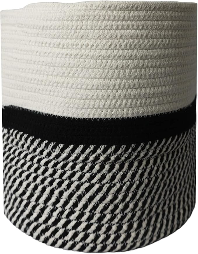 Decorative Baskets for Plants| 9- & 11-inch Pots for Indoor Plants | Floor Planter Pot Cover | Rope Plant Basket for Indoor (Small 9" Round, Ivory/Black)