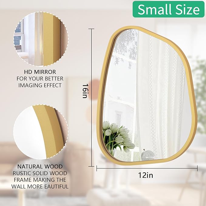 Irregular Asymmetrical Mirror Wall Mounted, Unique Vanity Mirror, Shaped Dressing Mirror Decorative for Living Room, Bathroom, Bedroom, Entryway Wall Decor Gold 16"x12"