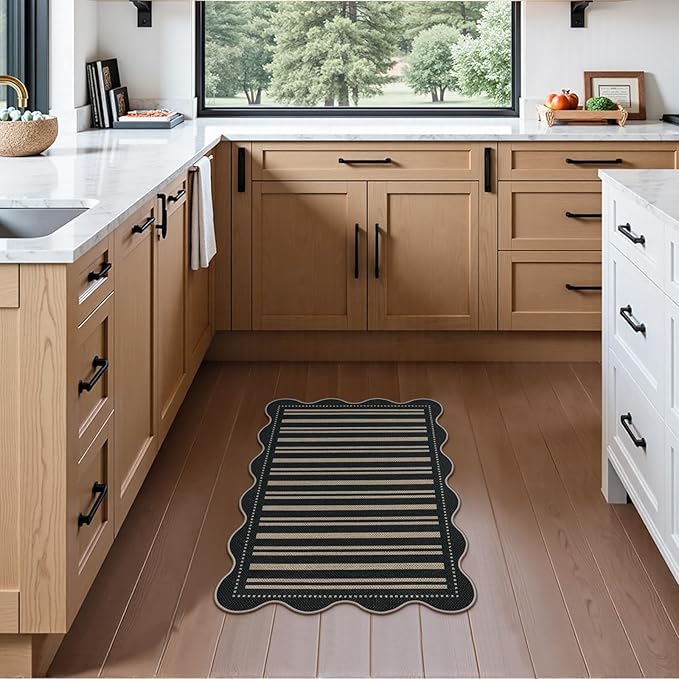 Striped Easy Jute Entryway Rug, 2x3 Black Indoor Outdoor Doormat, Washable Small Kitchen Rug Non Slip Farmhouse Scalloped Rugs for Front Door Entrance Bathroom