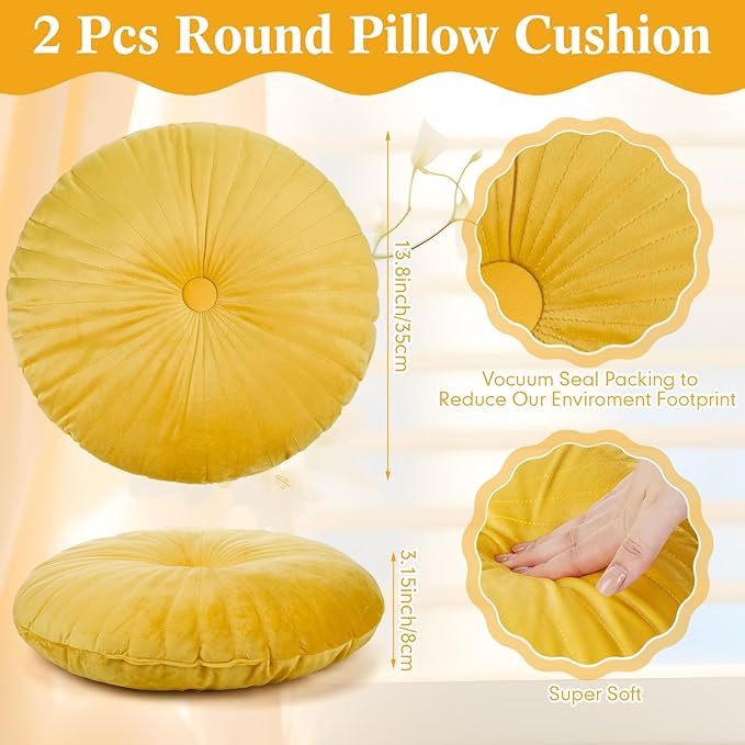 Namalu 2 Pcs Yellow Round Throw Pillow 13.8 Inch Decorative Round Velvet Floor Pillows Pumpkin Throw Pillows with Center Button Floor Cushion for Valentines Day Home Living Room Sofa Couch Bed Chair