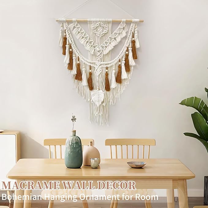 lokeisna Macrame Wall Hanging, Woven Tapestry Beige & Dusty Rose Handmade Craft Macrame Wall Room Decor, Gallery & Nursery, Size 37.4” Lx27.5” W