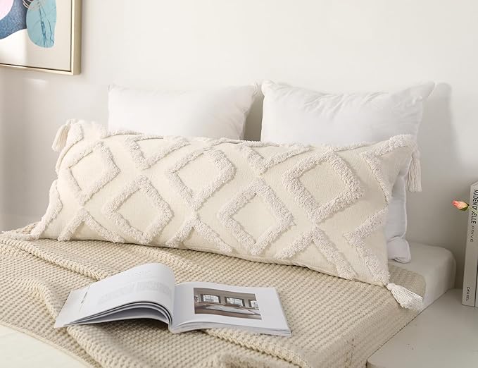 PANOD Decorative Long Lumbar Pillow Cover 12x32 Boho,Super Soft Chenille Extra Long Lumbar Pillow Case Cover with Tassel for Bed Sofa Couch Farmhouse Livingroom,White,Modern Skinny