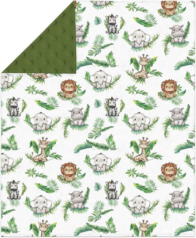 Cute Jungle Safari Animals Green Tropical Leaves Baby Blankets for Girl Boy Lion Giraffe Elephant Zebra Soft Mink Dotted Backing Double Layer Swaddle Blanket Bed Throws for Newborn Toddler Crib 30x40