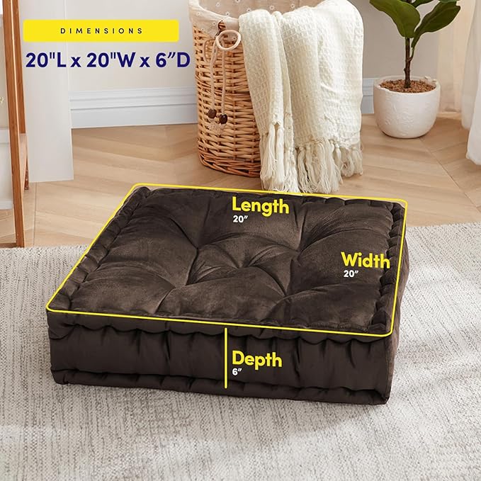 Floor Pillow Large Square Tufted Decorative Cushion 20" x 20" Faux Velvet Fabric Ultra Thick Fill for Kids and Adults, 1 Pack, Coffee Brown