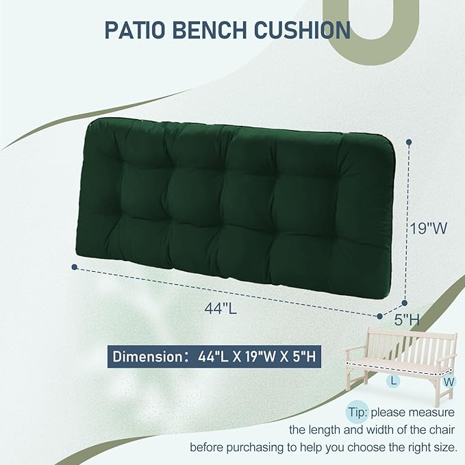 downluxe Outdoor Bench Cushion for Patio Furniture, Water Resistant Tufted Overstuffed Porch Swing Cushions, Thick Outdoor Loveseat Cushions, 44" X 19" X 5", Forest Green, Set of 1