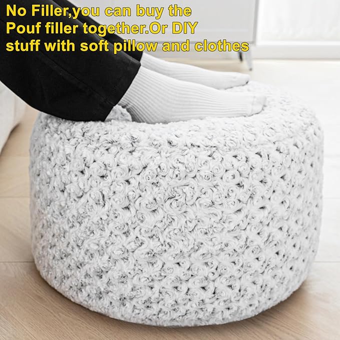 Asuprui Grey Pouf Ottoman Unstuffed Foot Rest 20x20x12 Inches Round Ottoman Pouf NO Filler Floor Poof Bean Bag Chair Foldable Floor Chair Storage for Living Room Bedroom Light Grey Cover ONLY
