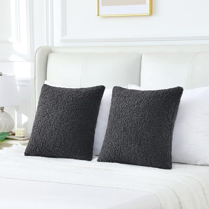 FUTEI Charcoal Throw Pillow Covers 16x16 Inch Set of 2,Furry Faux Fur Teddy Boucle Textured Cushion Covers,Soft Fluffy Decorative Pillow Case,Home Decor for Couch Bed Living Room Office Car