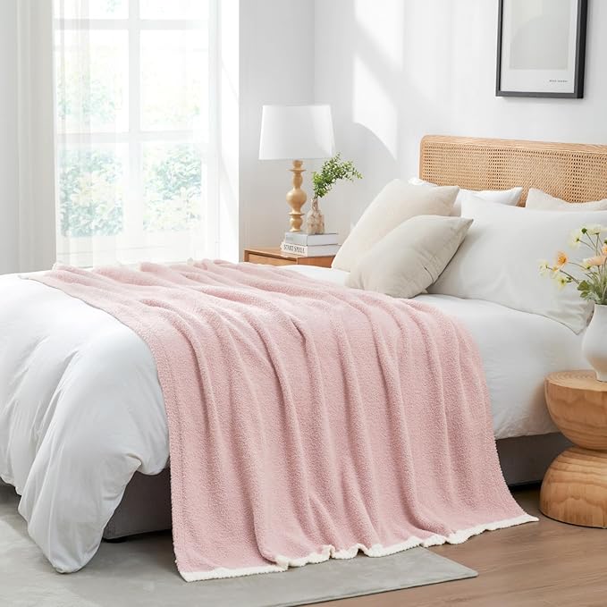 Snuggle Sac Pink Bedding Blankets Queen Size 90x90 inches, Reversible Microfiber Fluffy Fuzzy Soft Throw Cozy Knit Blanket for Women Mothers Birthday Gifts
