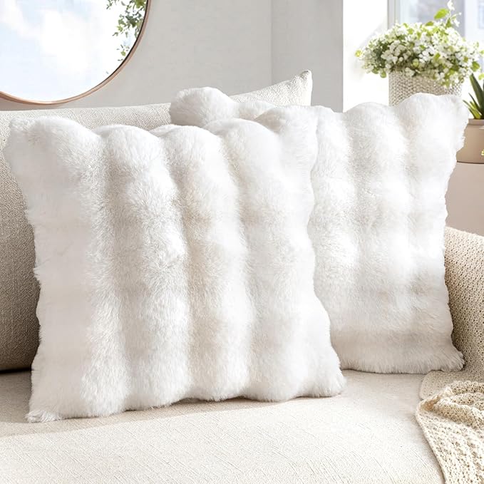 MIULEE Faux Fur Pillow Covers Thick Soft Plush Throw Pillows Luxury Spring Home Decor for Couch Bedroom Living Room Sofa,20x20 Inch Pack of 2 White