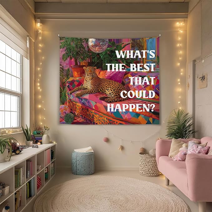 Vintage Wall Tapestry-What’s the Best That Could HappenPreppy Leopard Tapestry, Soft Flannel Wall Hanging Decor for Teen Girls Room,Inspirational Banner for Bedroom Dorm Decoration 59x51Inch(Colorful-Leopard)