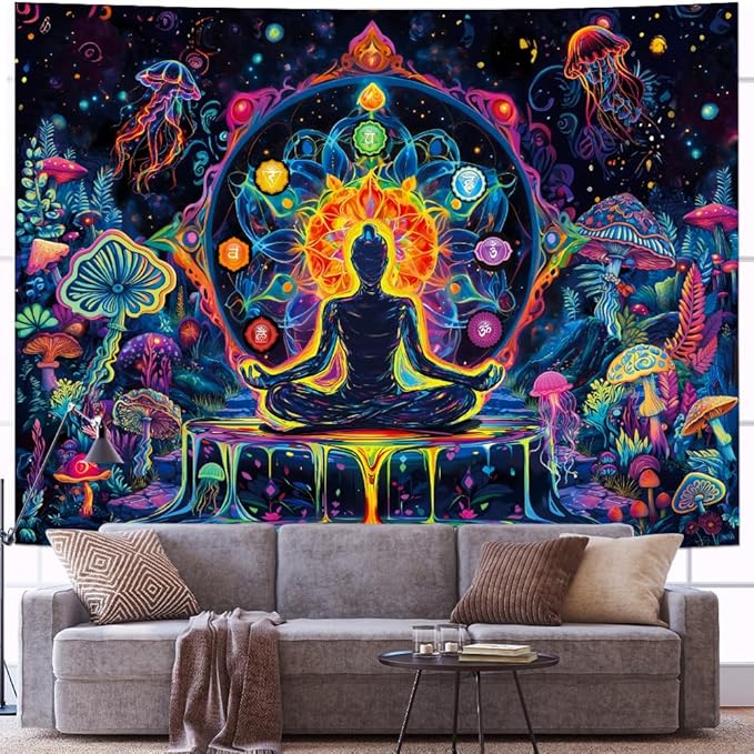 Yuiqear Blacklight Chakra Yoga Meditation Tapestry Mushroom Flower Wall Backdrop UV Reactive Mandala Tapestries Galaxy Space Jellyfish Tapestry Wall Hanging for Bedroom