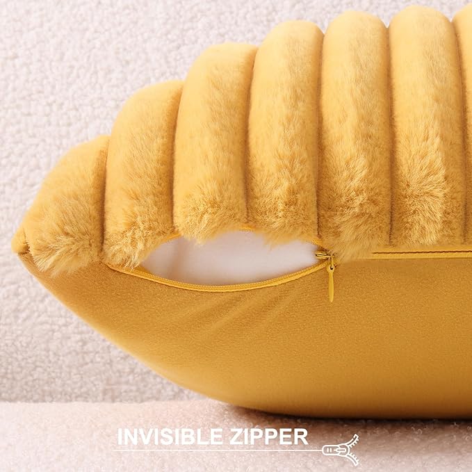 Pallene Faux Fur Plush Throw Pillow Covers 26x26 Set of 2, Luxury Soft Fluffy Striped Decorative Pillow Covers for Sofa, Couch, Living Room, Mustard Yellow