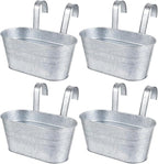 OBTANIM 4 Pack Metal Hanging Flower Pots Iron Railing Planter Outdoor Fence Hanging Pots Bucket Plant Holder with Detachable Hooks Drain Holes for Home Garden Yard Decor (Silvery)