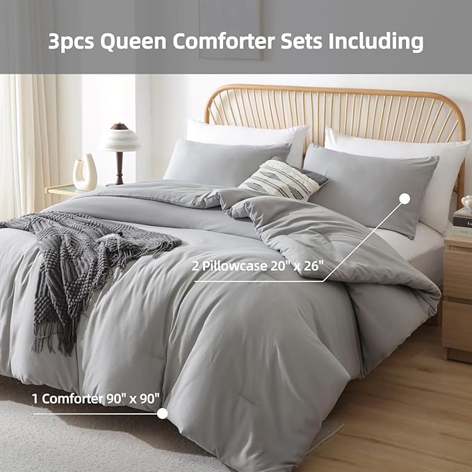 ROSGONIA Oversized King Comforter 120x120, 3pcs Super King Comforter (1 Gray Comforter & 2 Pillowcases) Super King Comforter Set 120x120 Bedding Quilt