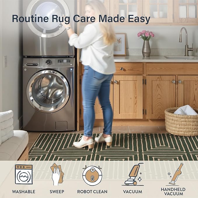 Lahome Boho 3x5 Easy Jute Rugs for Entryway, Non Slip Green Area Rug, Maze Lines Modern Washable Rugs for Bedroom, Low Pile Indoor Outdoor Carpet for Deck Porch Backyard