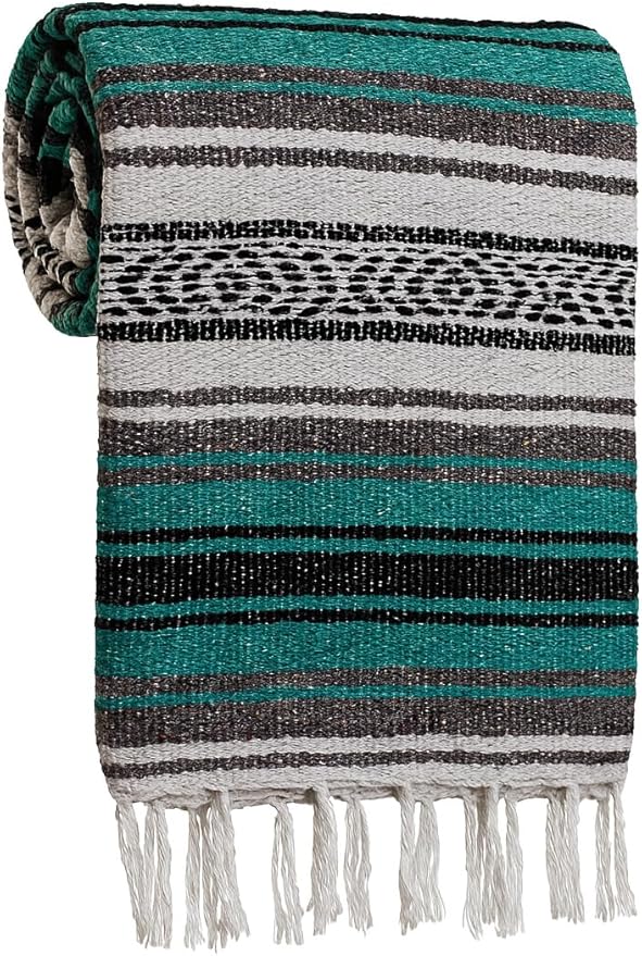 Large Mexican Blanket in Teal — Handcrafted Serape Falsa Yoga Blanket (73” x 48”) – Durable Throw for Camping, Beach & Outdoor Use – Artisan Craft, Made in Mexico from Recycled Fibers
