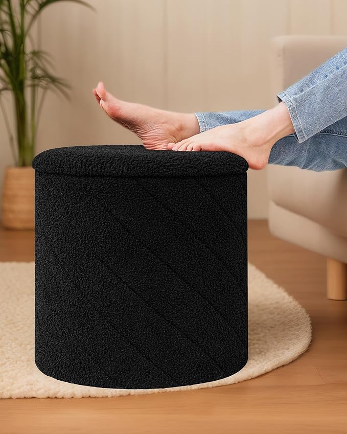 B FSOBEIIALEO Ottoman with Stroage, Boucle Round Storage Ottoman with Tray, Foot Rest Stool for Dorm Room, Living Room Black, 16.93"x16.93"x17.72"