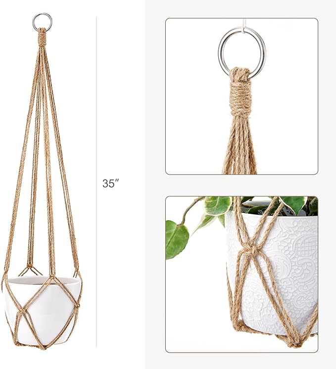 Dahey Set of 2 Macrame Plant Hanger Indoor Hanging Planter Basket with Hooks Flower Pot Plant Holder No Tassels for Boho Home Decor, 35 Inch