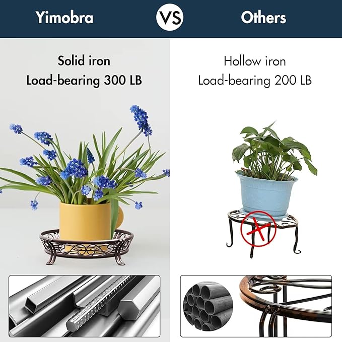Yimobra Metal Plant Stand for Outdoor Indoor, Heavy Duty Flower Pots Holder Rustproof Wrought Iron Planter Stands Garden Round Supports Rack for Planter 9.5 Inches, Bronze Brown