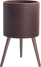 D'vine Dev 14 Inch Modern Geometric Tile Patterned Sleek Planter Pot with Stand, Indoor Outdoor Decorative Plant Holder, Espresso, 88-Z-D-6