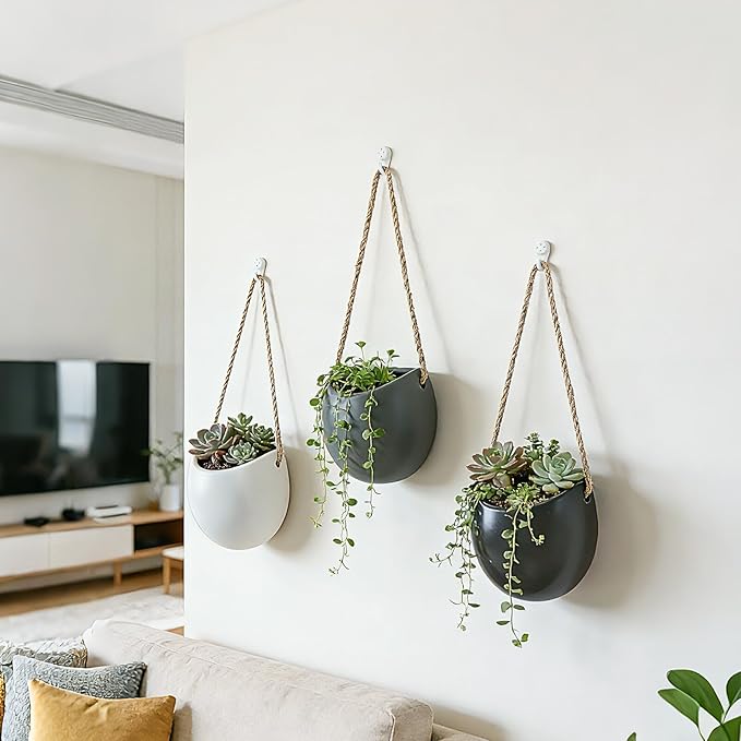 Set of 3 Ceramic Hanging Planters for Small Plants & Artificial Greenery, Wall Decor for Bathroom Living Room Bedroom Home Office Corridors