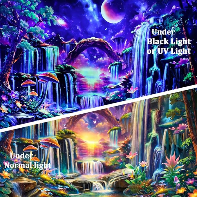 Huzuya Blacklight Fantasy Forest Tapestry Neon Waterfall Tapestries UV Reactive Galaxy Space Tapestry Colorful Floral Plants Tapestries Wall Hanging Backdrop Room Decor for Bedroom