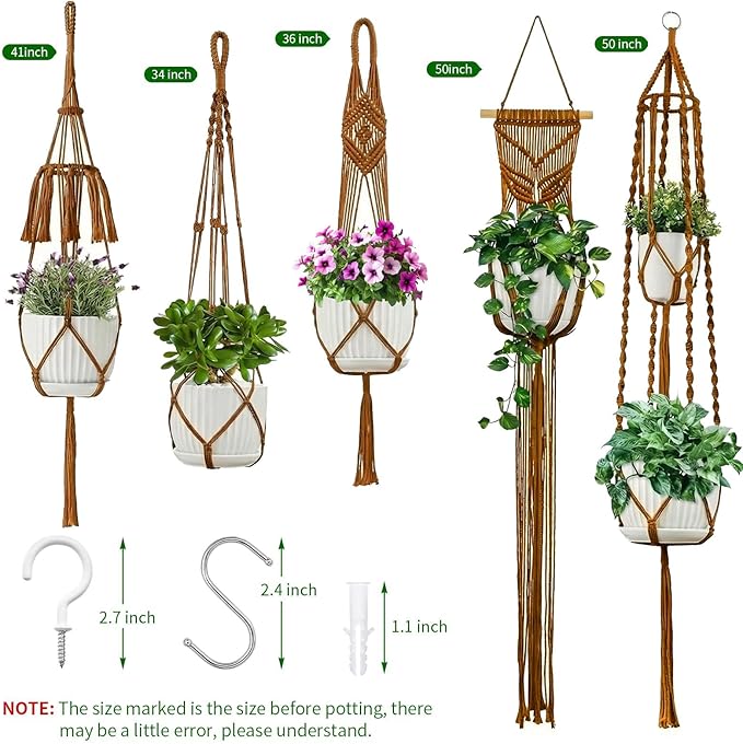 Macrame Plant Hangers 5Pack, Handmade Cotton Rope Hanging Planters for Indoor Plants w/ 5 Set Hooks Hanging Plant Holders Plant Hanger Indoor for Boho Home Decor (Caramel, Planter Pot Not Included)