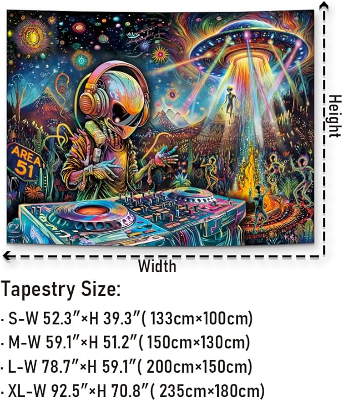 Galoker Blacklight Alien UFO Tapestry Trippy Galaxy Planet Tapestry UV Reactive Funny DJ Music Wall Tapestries Plant Cactus Tapestries Wall Hanging for Home Decor(59.1"x78.7")