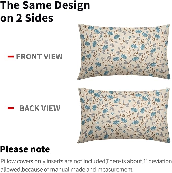 Brown Blue Grey Floral Pillow Covers 12x20 Set of 2 Vintage Rustic Old Style Cute Small Flower Print Rectangle Decorative Outdoor Pillowcases Farmhouse Throw Cushion Case Decor for Couch Sofa Bed