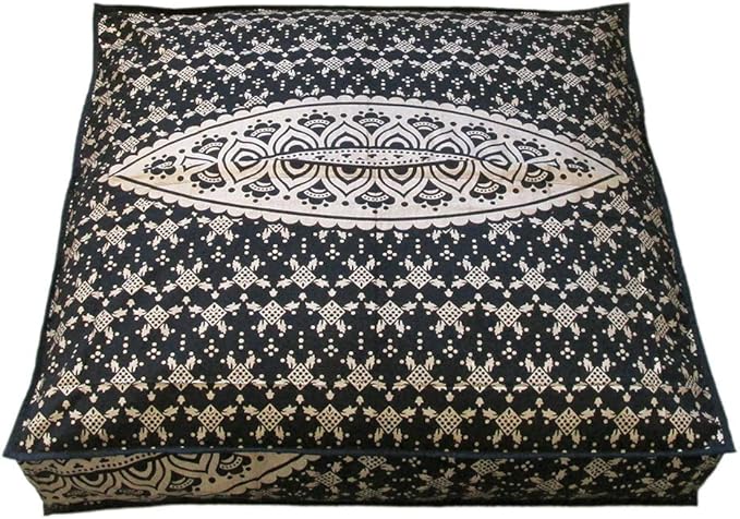 ICC Large Square Floor Pillow Cover Hippie Ottoman Pouf Cover Daybed Cotton Mandala Cushion Cover with Heavy Duty Zipper Seating Ottoman Poufs Dog-Pets Bed (Black Gold Ombre, 35" Square)