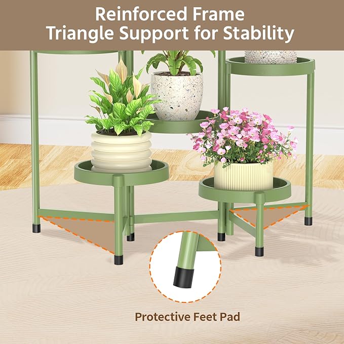 LASZOLA 6 Tiered Plant Stand Indoor Outdoor with Plastic Tray, Corner Folding Tall Flower Display Rack, Modern Plant Holder Shelf for Outdoor Patio Porch Garden Office Living Room, Green