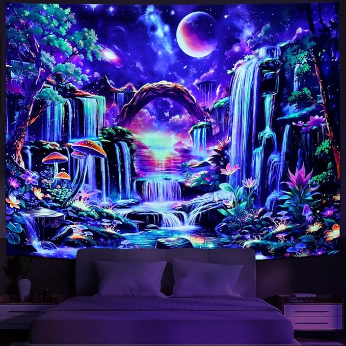 Huzuya Blacklight Fantasy Forest Tapestry Neon Waterfall Tapestries UV Reactive Galaxy Space Tapestry Colorful Floral Plants Tapestries Wall Hanging Backdrop Room Decor for Bedroom