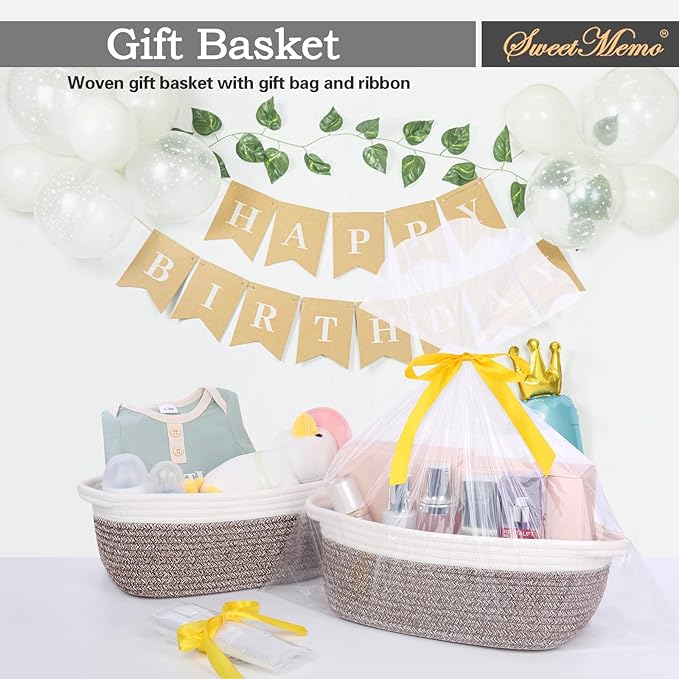 Empty Gift Basket to Fill with Handles, 12x8x5 inch - Wicker Rope Basket for Baby Shower, Kids Toys，Decorative Woven Bin for Man, Boys With Gift Bag & Ribbon,Resuable, White Brown