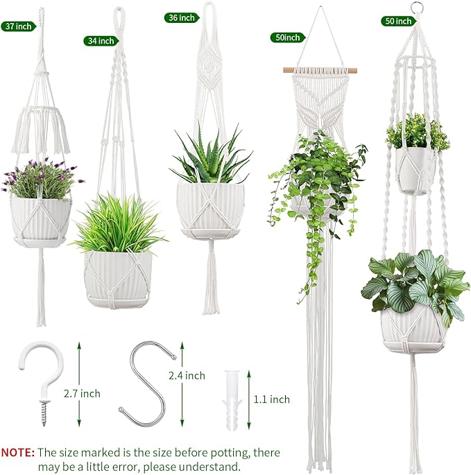 Macrame Plant Hangers 5Pack, Handmade Cotton Rope Hanging Planters for Indoor Plants w/ 5 Set Hooks Hanging Plant Holders Plant Hanger Indoor for Boho Home Decor (White, Planter Pot Not Included)