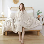 ROSGONIA Oversized King Comforter 120x120, 3pcs Super King Comforter (1 Beige Comforter & 2 Pillowcases) Lightweight Warm Bedding Set Blanket Quilt