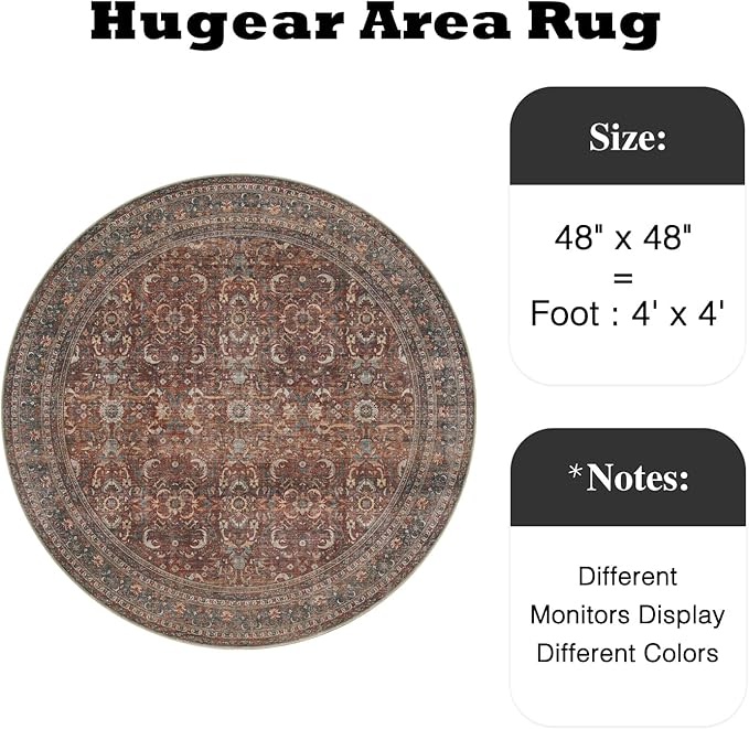 HUGEAR 4ft Round Rug Entryway Rugs Machine Washable Brick Red Hallway Area Rug 4x4 Small Circle Floral Low Pile Carpet Vacuumable Throw Rug Living Room Laundry Entrance Non Slip Soft Lightweight