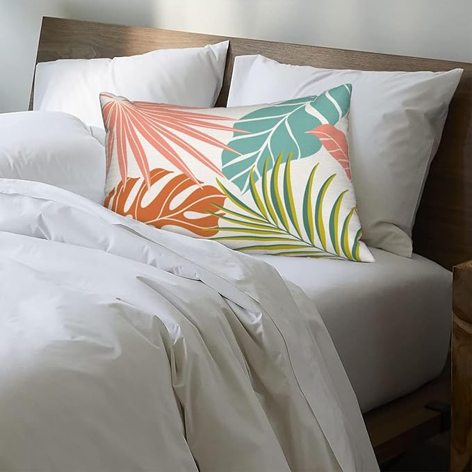 Summer Tropical Pillow Covers 12x20 Set of 2, Monstera Palm Leaf Pillowcase Green Orange Botanical Coral Summer Throw Pillows Outdoor Decor Farmhouse Cushion Case Linen Decorative for Home