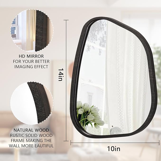 Asymmetrical Mirror for Wall Irregular Oval Wood Frame Modern Unique Wall Mirror Decorative Vanity Bathroom Living Room Bedroom Entryway Hallway Artistic Wavy Mirror Small 14"x10"