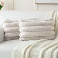 FUTEI Beige Decorative Throw Pillow Covers 12x20 Inch Set of 2, Square Soft Faux Rabbit Fur Thick Striped Lumbar Pillow Case,Spring Home Decor for Couch Bed Living Room